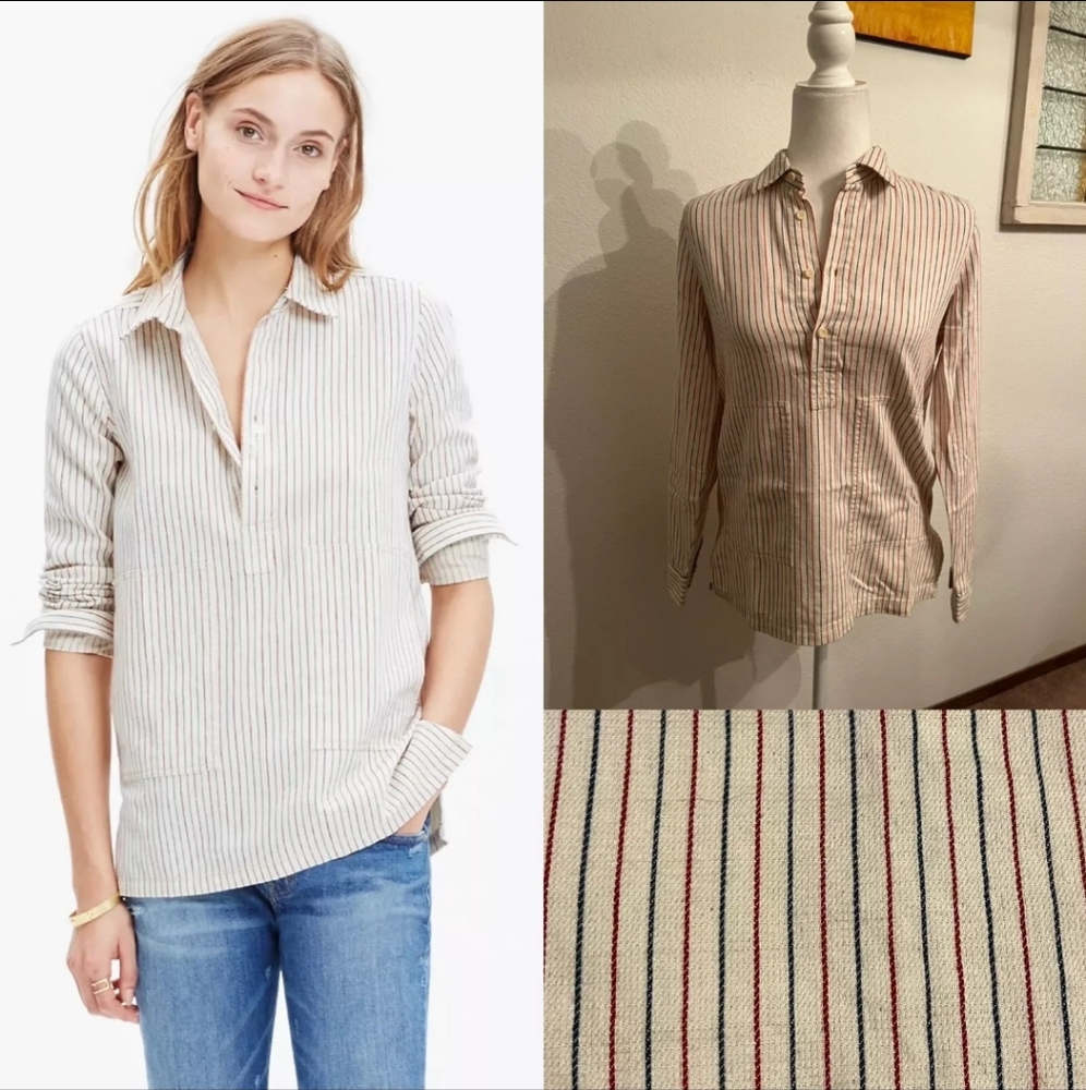 Madewell Cream Striped Button-Down Shirt with Red and Navy Pinstripes